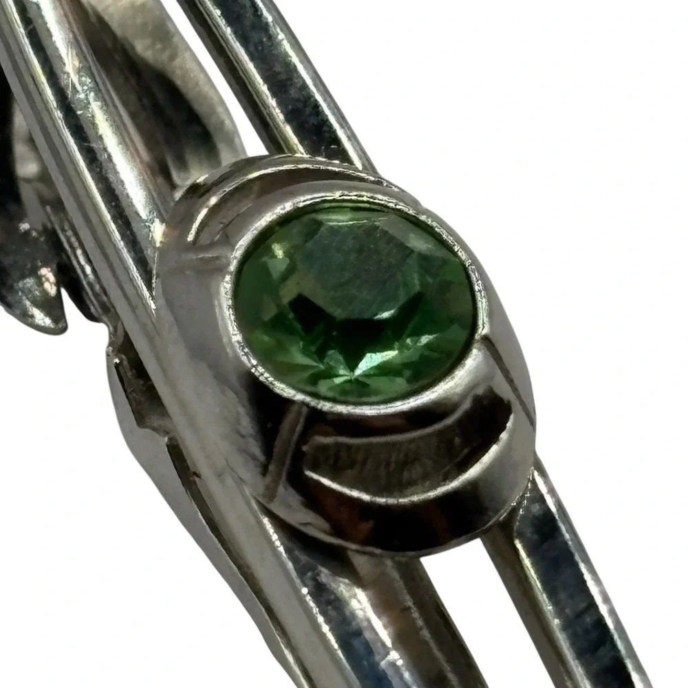 Swank Tie‎ Clip Bar Green Rhinestone Silver Tone Vintage Open Work Design Retro
